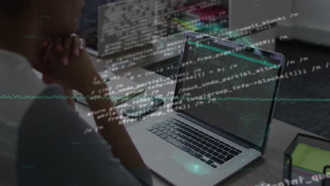animation of financial data processing over african american businessman using computer