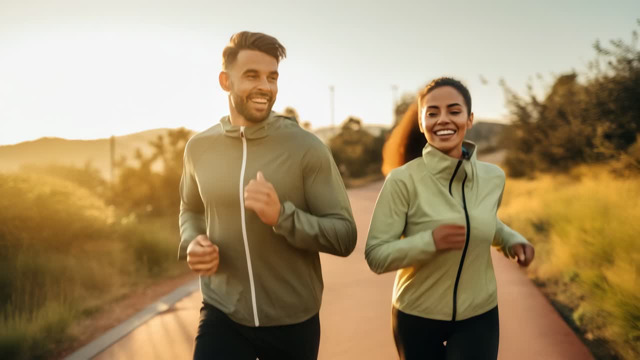 A dynamic video still of a smiling couple jogging on a sunlit path, captured from a low angle