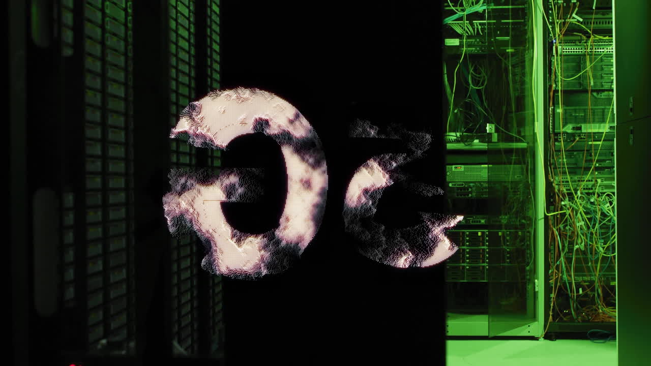 Glitch effect animation over server racks in data center
