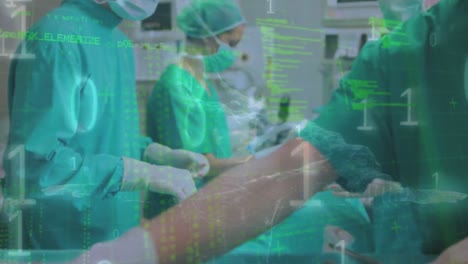 animation of medical data processing over team of surgeons performing operation at hospital