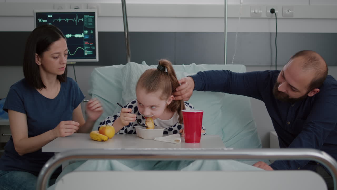 Family sitting with sick girl daughter while eating healthy nutrition meal food