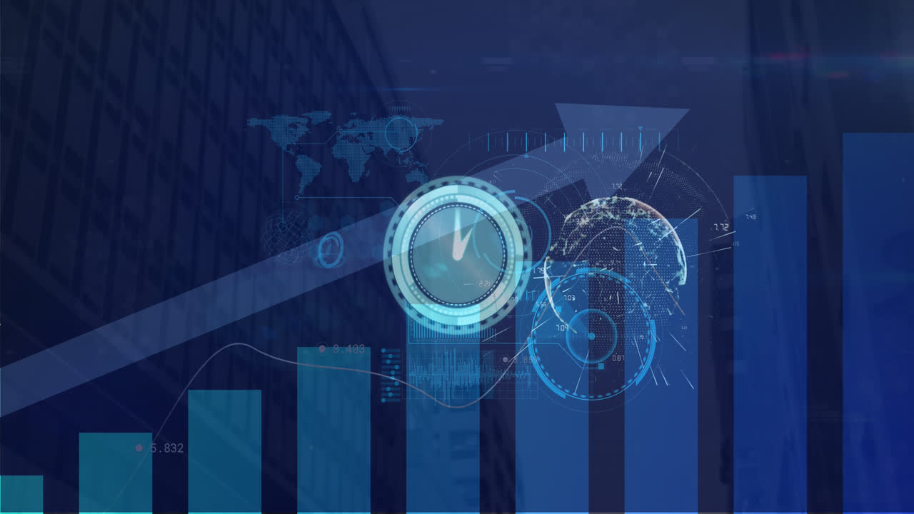 Animation of data processing over clock and cityscape