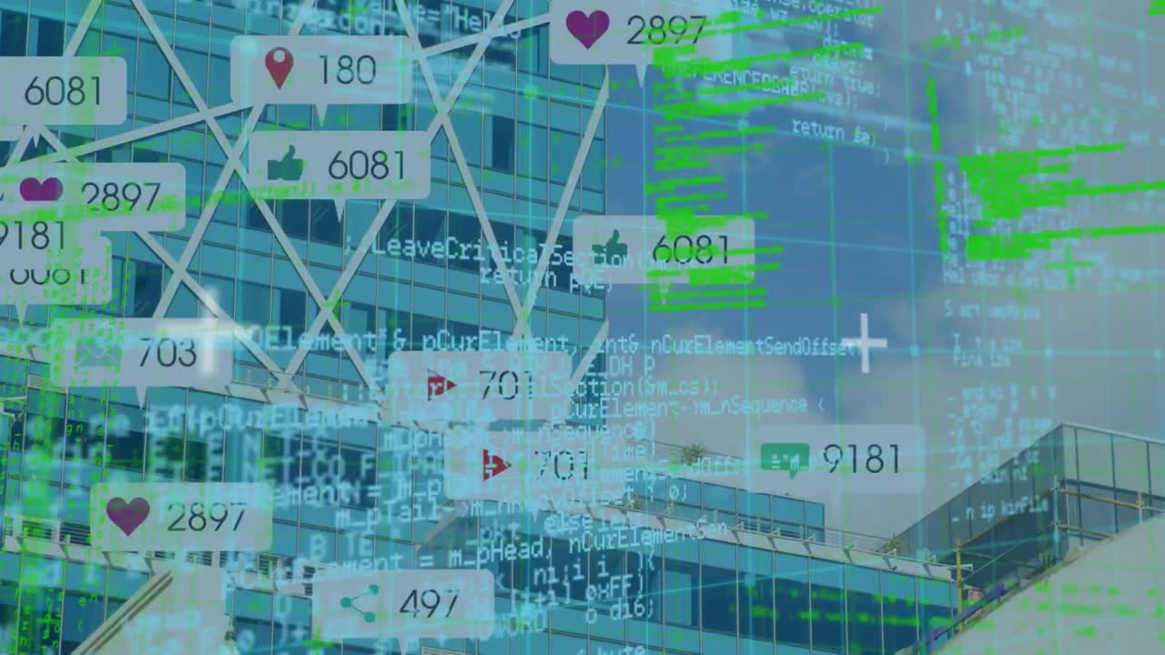 도시 풍경 위의 데이터 처리 및 미디어 아이콘의 애니메이션