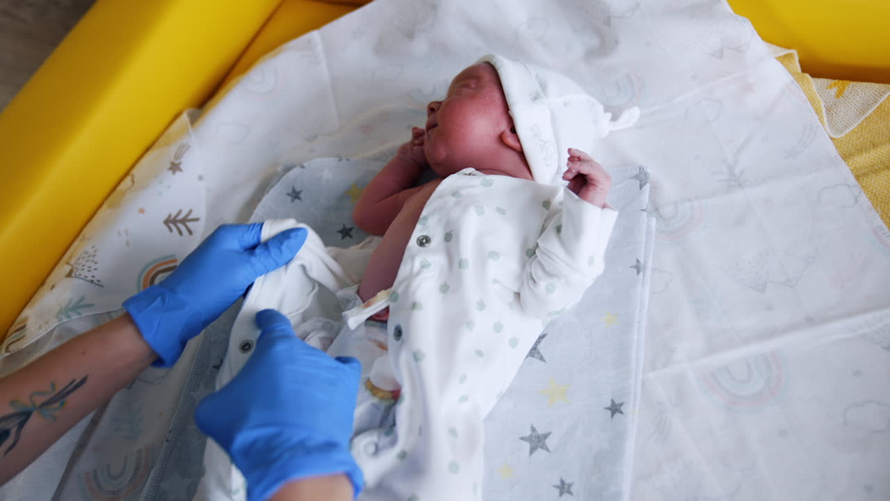 Unrecognized medic in blue gloves puts on clothes on a newborn. Tiny child in a diaper is dressed in bodysuit. Top view.