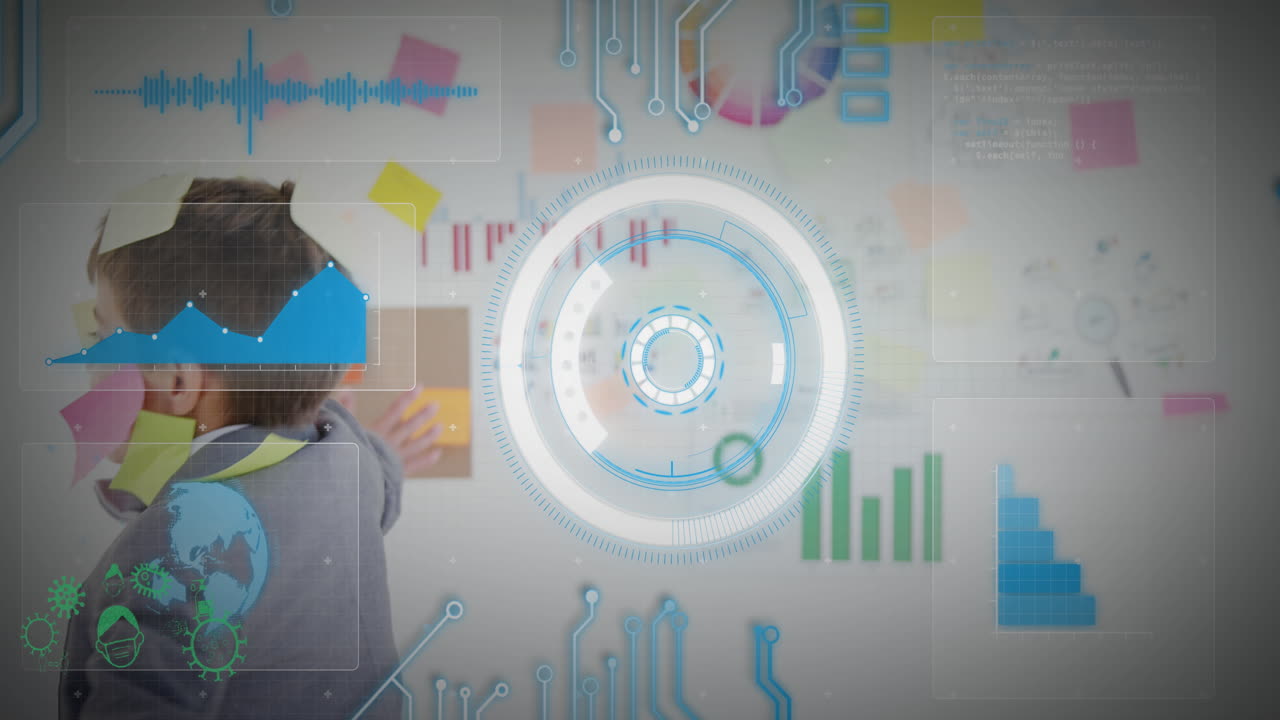 animación de la interfaz infográfica sobre un niño caucásico con notas pegajosas en la cara girando en la oficina