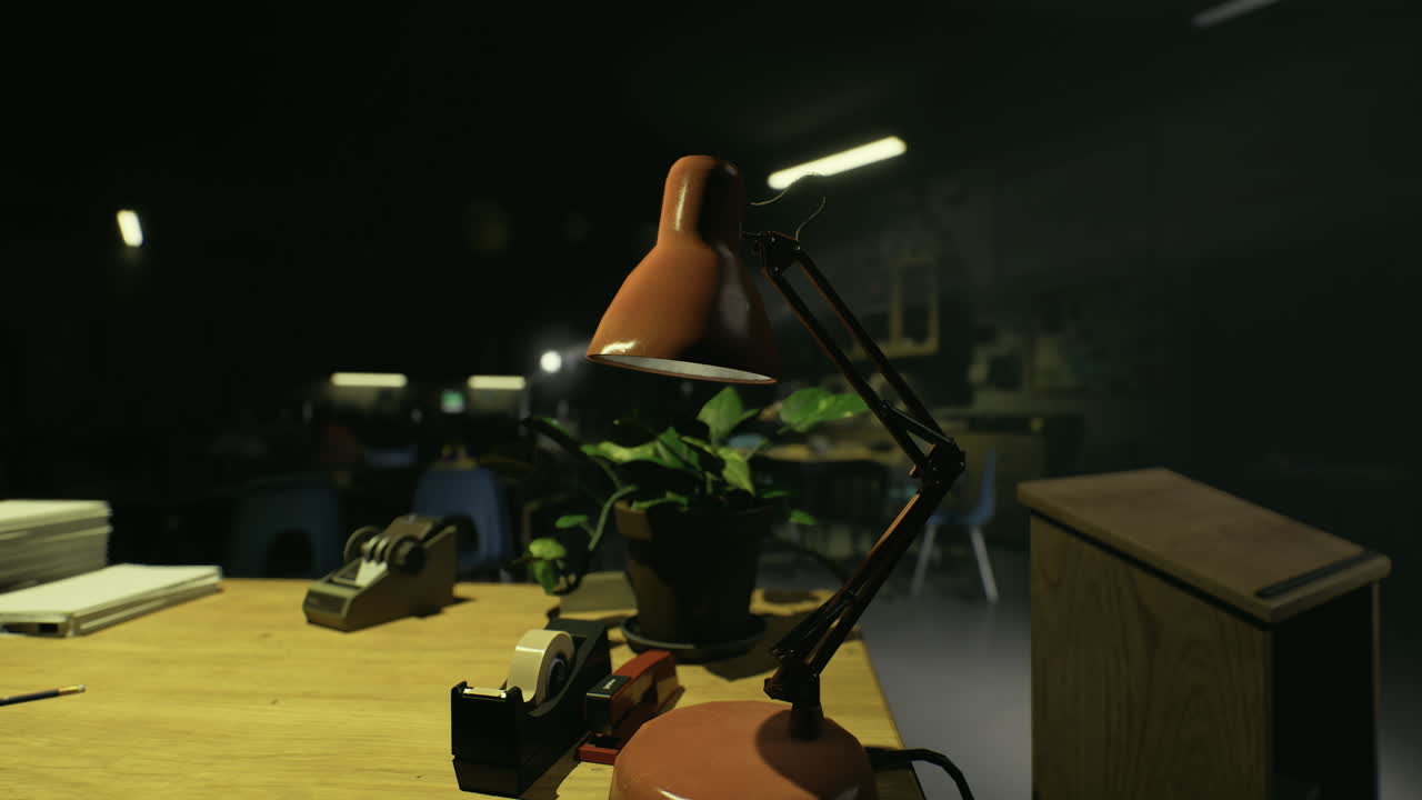 Workspace with desk lamp plant and school supplies in dim lighting