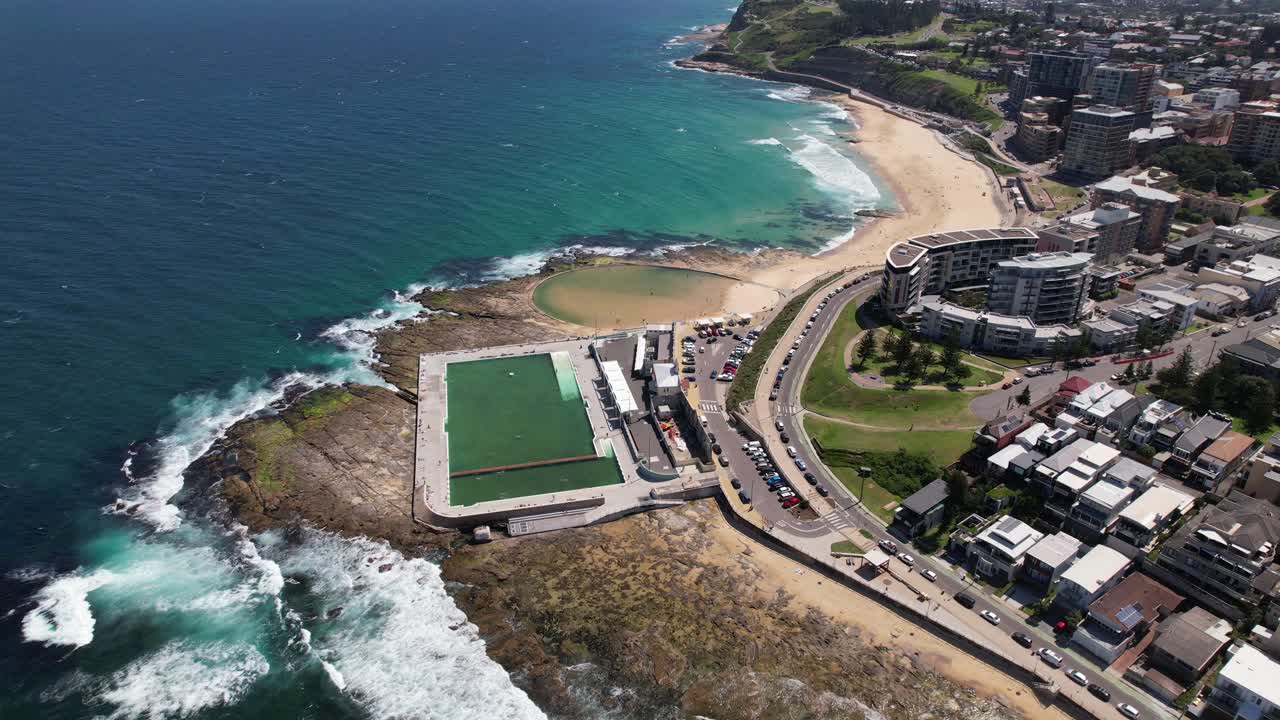 Newcastle Canoe Pool With Newcastle Ocean Baths In NSW, Australia - Aerial Drone Shot