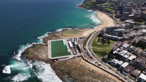 newcastle canoe pool with newcastle ocean baths in nsw, australia - aerial drone shot