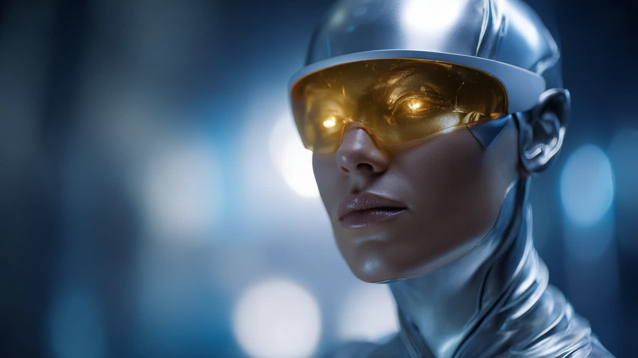 Robot umanoide futuristico con occhi luminosi ed elegante abbigliamento argentato, che mostra tecnologia avanzata in un ambiente accattivante e ad alta tecnologia