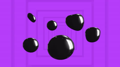 animación de formas 3d negras brillantes flotando sobre cuadrados concéntricos púrpuras en movimiento