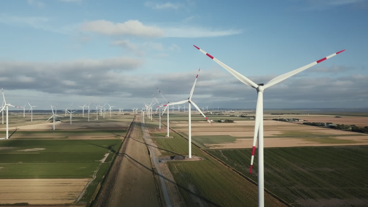 Aerial view on a row of wind mills