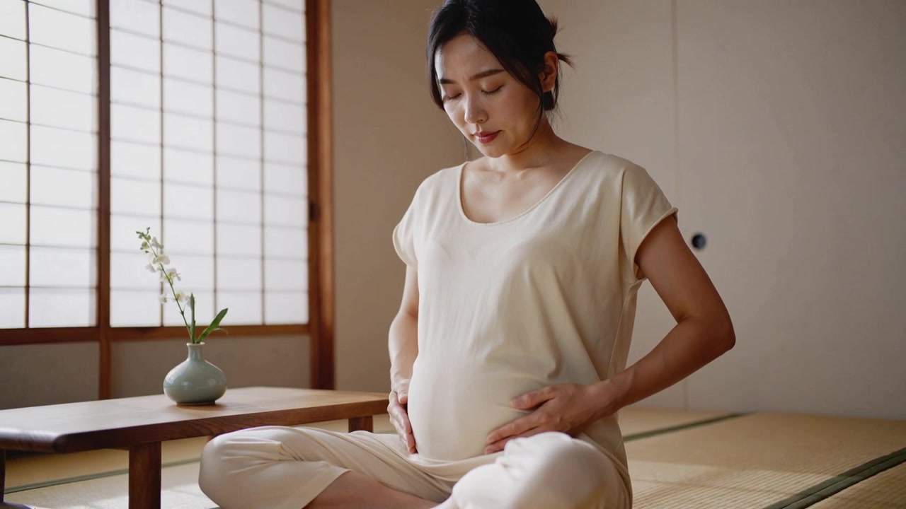 畳の上でベージュのラウンジウェアを着た妊婦が、お腹を両手でそっと包み込み、赤ちゃんの動きを感じながらマッサージを受けている。