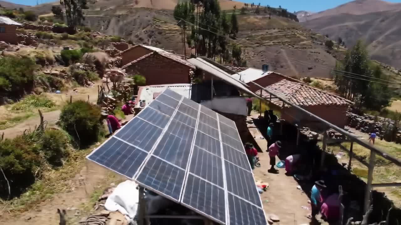 Bæredygtig energiomstilling: Et lokalsamfund, der omfavner solcelleløsninger i landlige omgivelser under klar himmel og naturlige landskaber