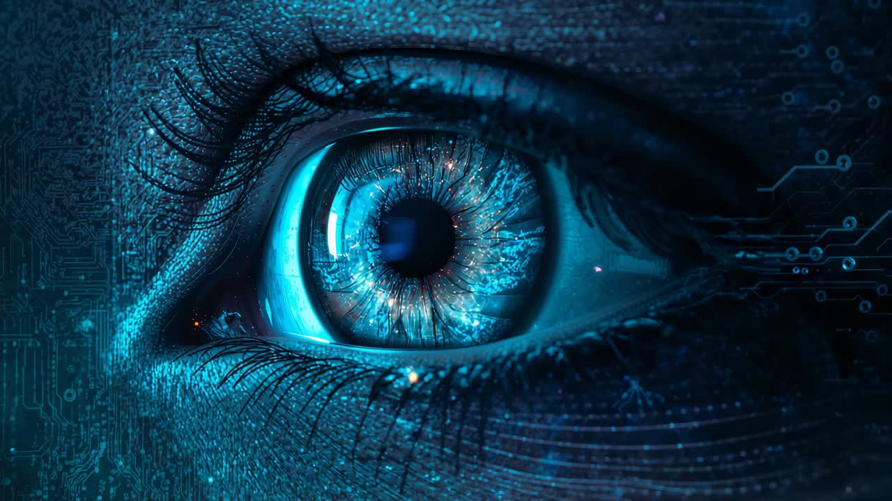 Pulse arriving, human eye brightening into cyan pupil-ring for scan in close-up, with circuits