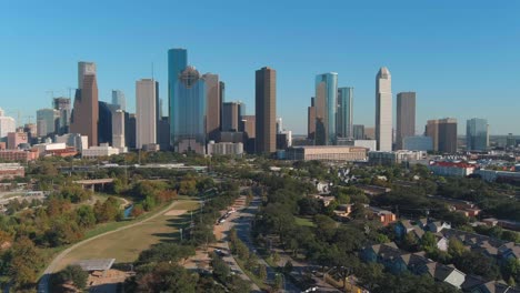 drone view of skyscrapers in the downtown houston area