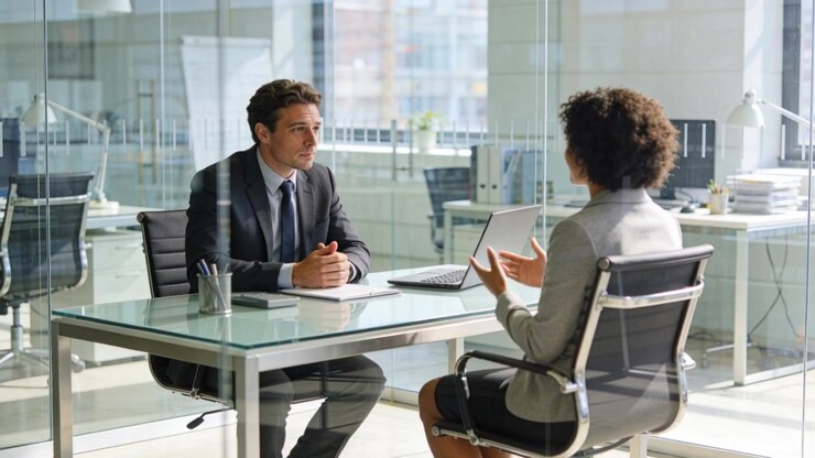 Referencing laptop, woman in grey suit explaining project in glass meeting room, man listening