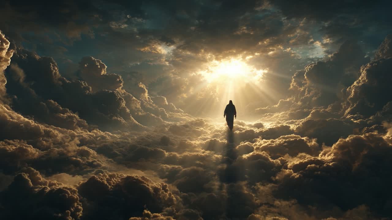 A solitary figure walks through a breathtaking celestial landscape, illuminated by radiant sunlight emerging from a majestic cloudscape, evoking feelings of peace and introspection