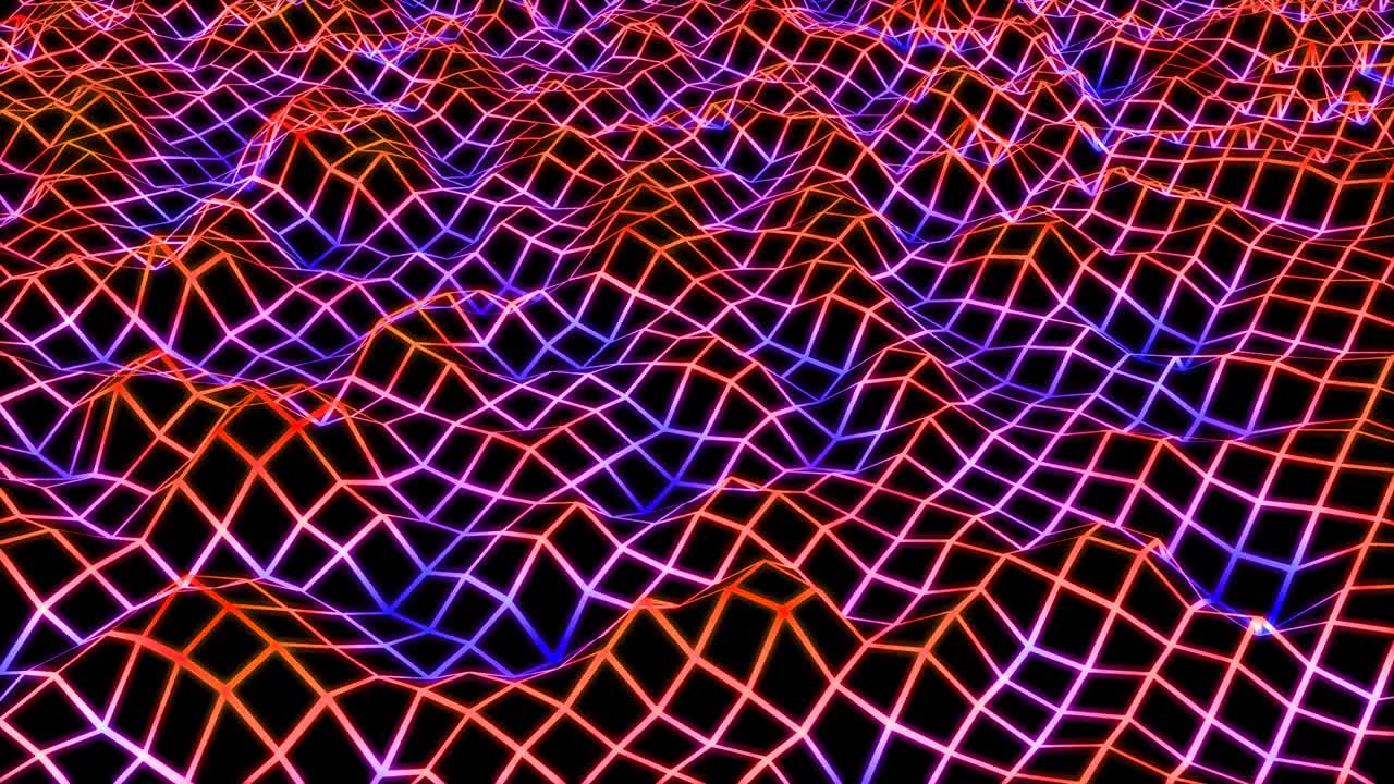 Retro 80s Lowpoly Wireframe Wavy Neon Grid Lines Glow Illuminated - 4K Seamless Loop Motion Background Animation
