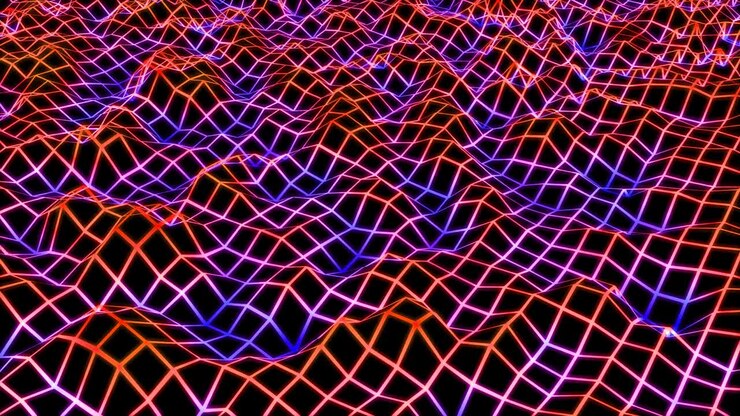 Retrô anos 80 Wireframe Lowpoly com Linhas de Grade Neon Onduladas Iluminadas - Animação de Fundo em Movimento com Loop Contínuo 4K.