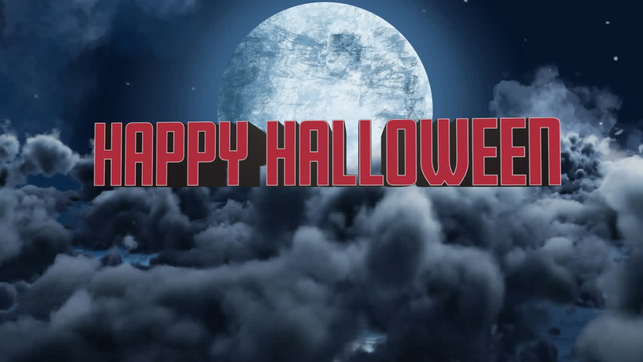 animación de feliz texto de la noche de halloween sobre la luna y las nubes en el cielo