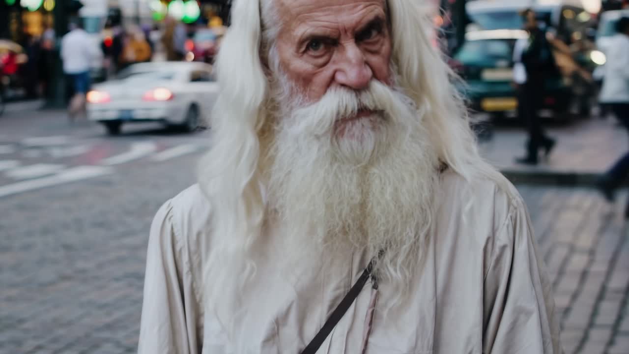 Elderly man with long white hair and beard stands confidently in a bustling urban street, showcasing the vibrant life and movement of the city scene