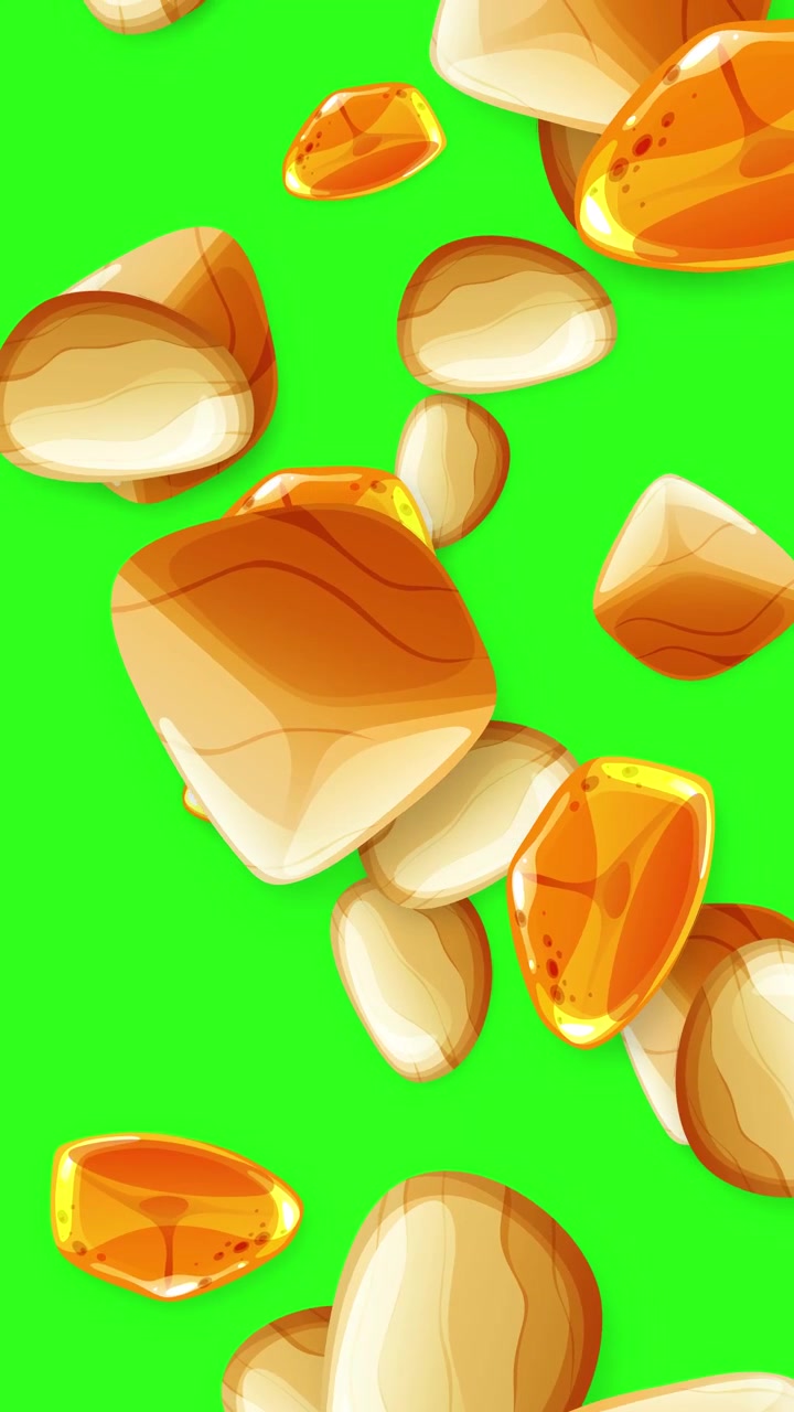 Cartoon style smooth stones and amber gems fall vertically against a bright green background.
