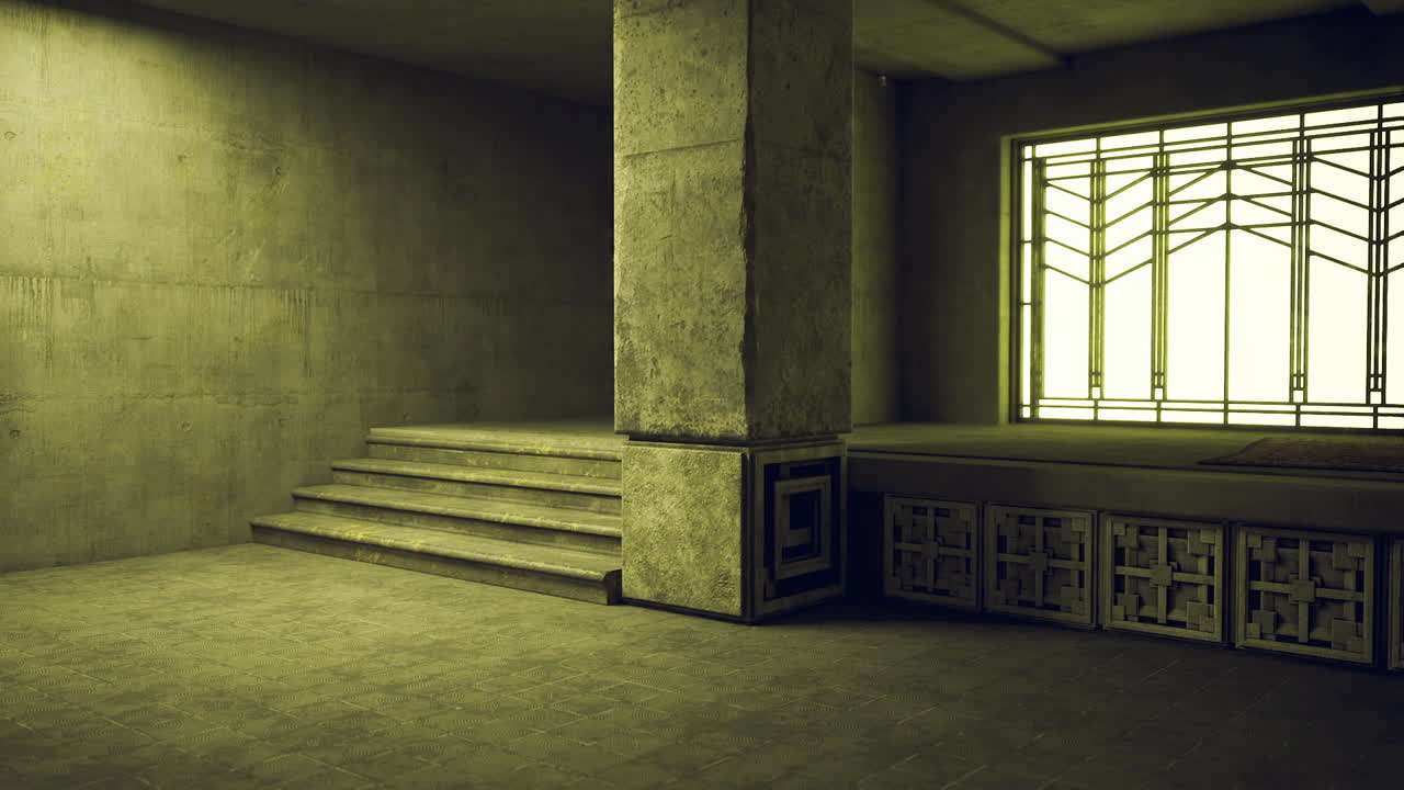 Cinematic minimalist entrance featuring shadows and moody lighting effects