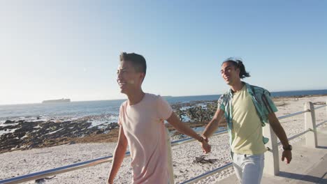 Happy-diverse-gay-male-couple-walking-and-holding-hands-at-promenade-by-the-sea,-slow-motion