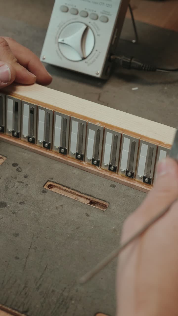 Detailed view of aligned metal reeds inside wooden concertina block during repair and assembly process on workshop table vertical