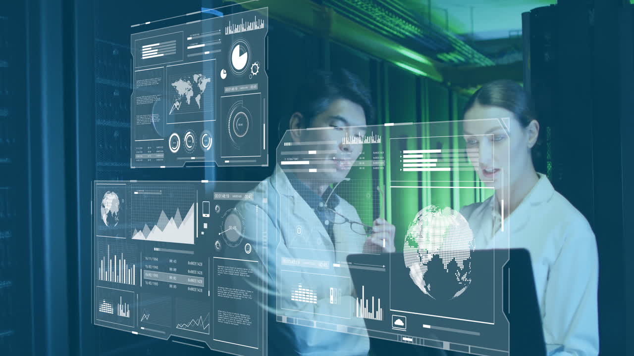 Analyzing data with digital interface, business professionals in server room working