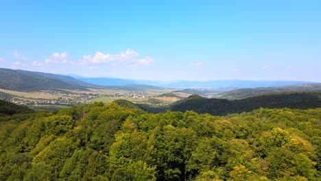 aerial view of mountain hills covered with dense green lush woods on bright summer day