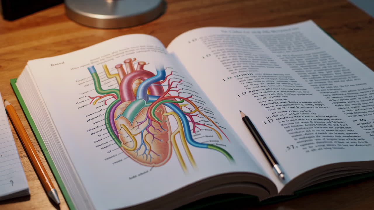 Libro di testo di anatomia aperto con schema del cuore