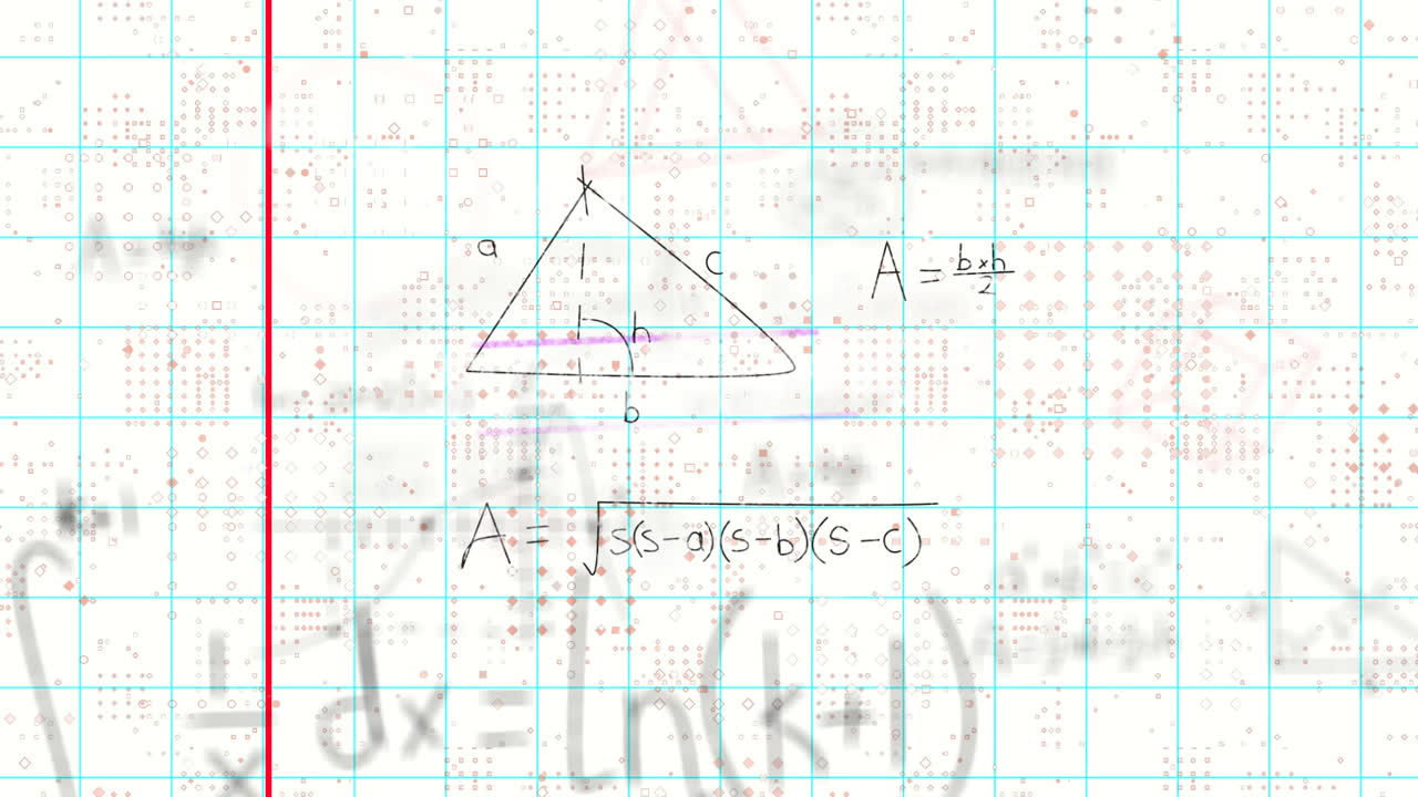 Animation of mathematical formulas and triangle diagram on grid paper in school