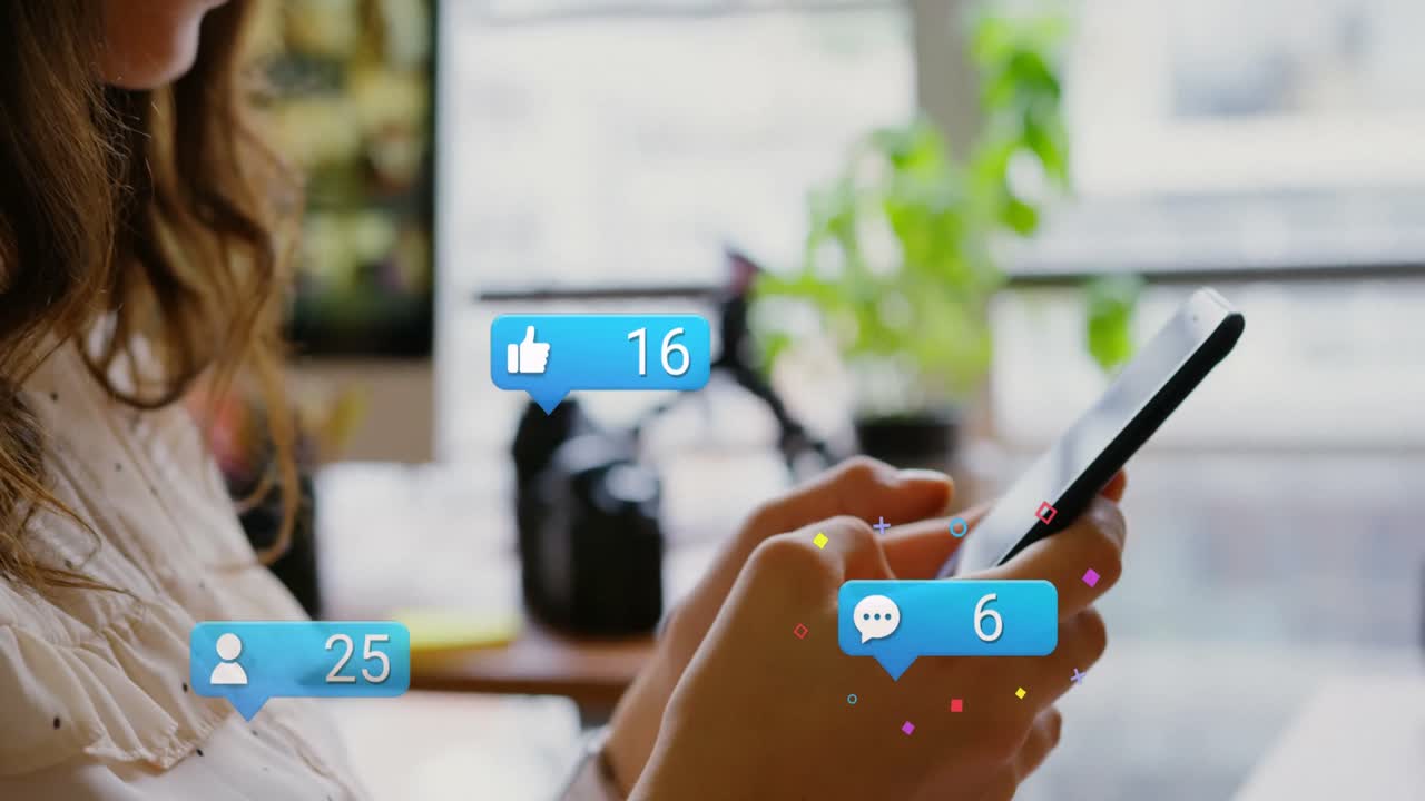 Animation of social media icons falling over women using smartphone