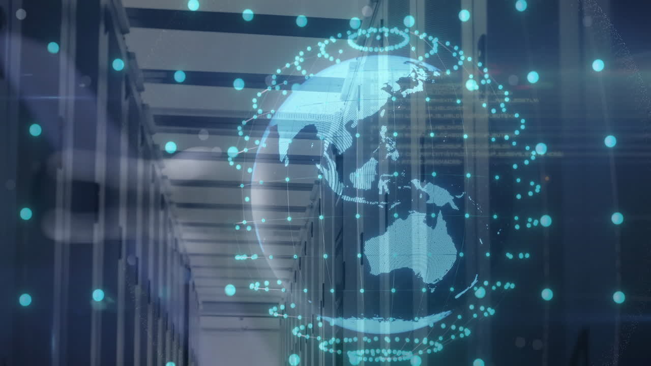 Animation of globe with connections over computer server
