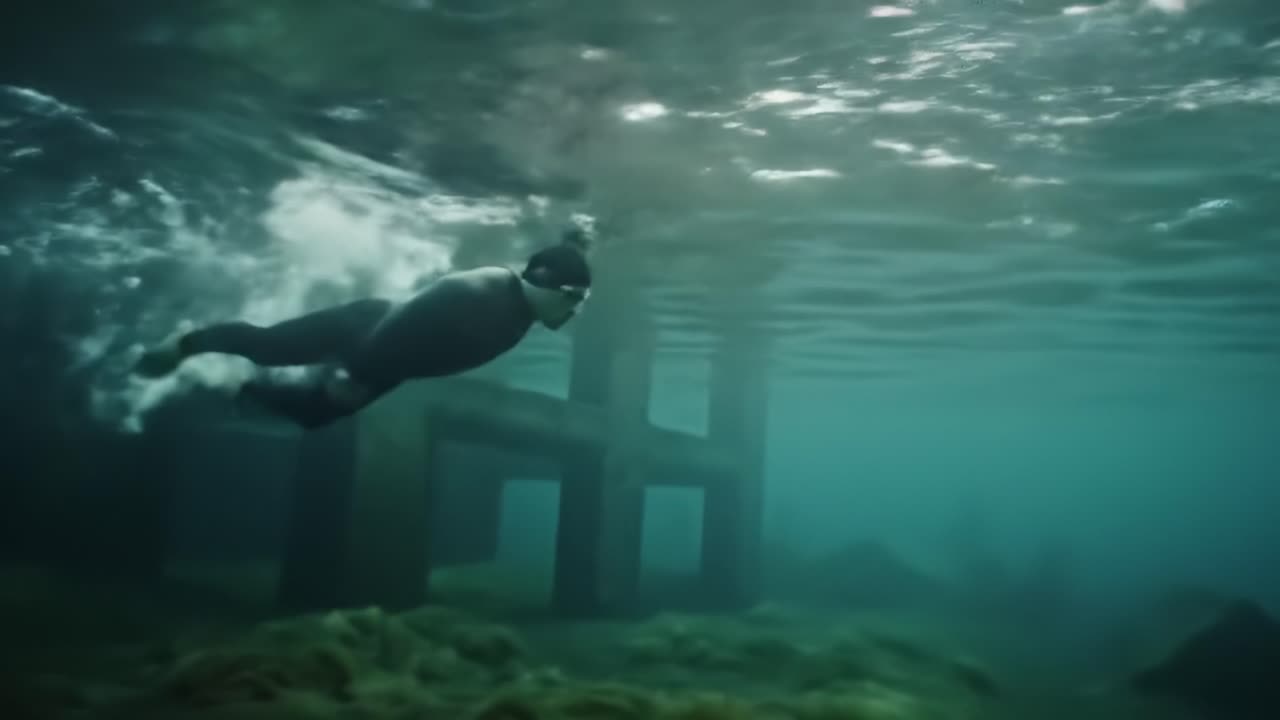 Exploring Underwater Mysteries: A Diver's Journey Through Submerged Structures and Aquatic Landscapes in Crystal Clear Waters