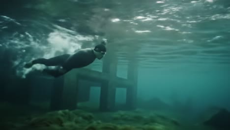 exploring underwater mysteries: a diver's journey through submerged structures and aquatic landscapes in crystal clear waters