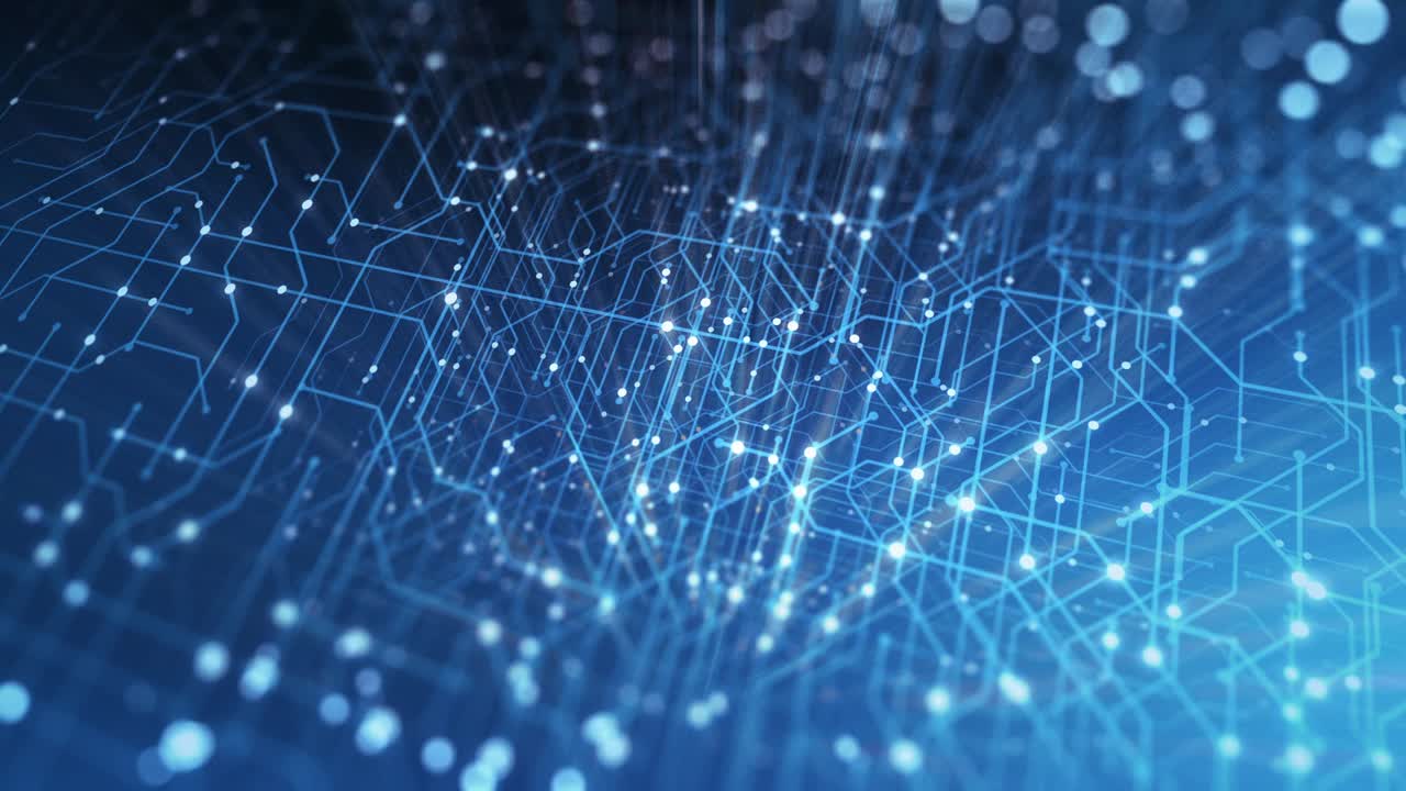 fondo tecnológico abstracto hecho de placa de circuito impreso. profundidad de efecto de campo y bokeh. conexiones a internet, computación en la nube y red neuronal, big data. renderizado en 3d, bucle sin costuras en 4k