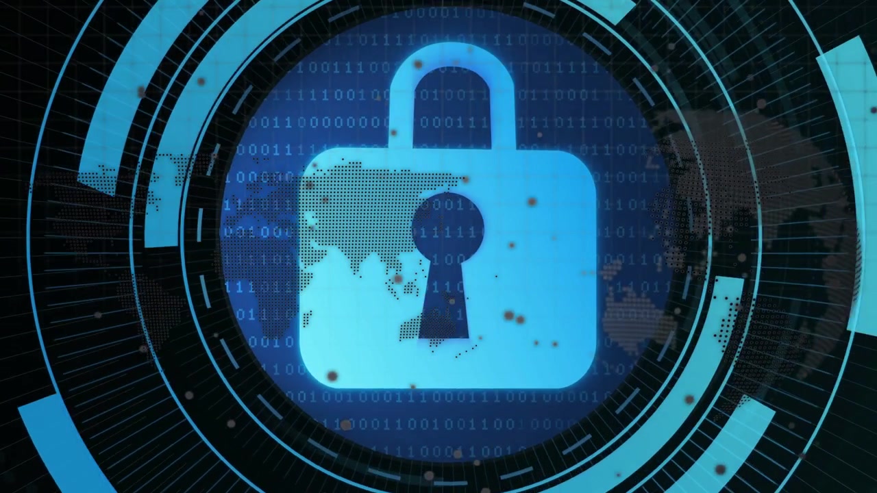 Animating cyan rings revealing blue padlock icon at digital grid world map, security theme