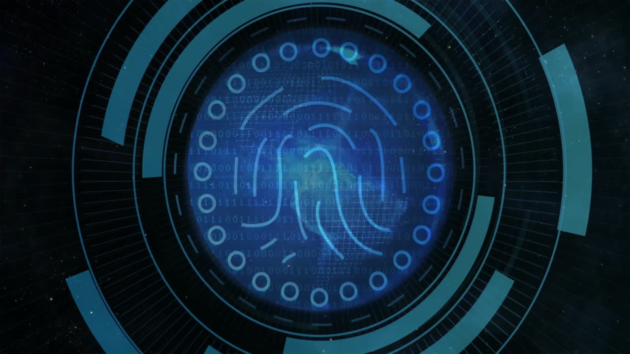 Central fingerprint graphic rotating on flat design HUD, showing scrolling binary digits and rings