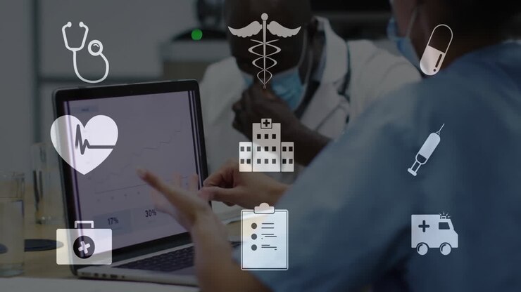 Animation of medical icons over diverse female and male doctor with laptop talking