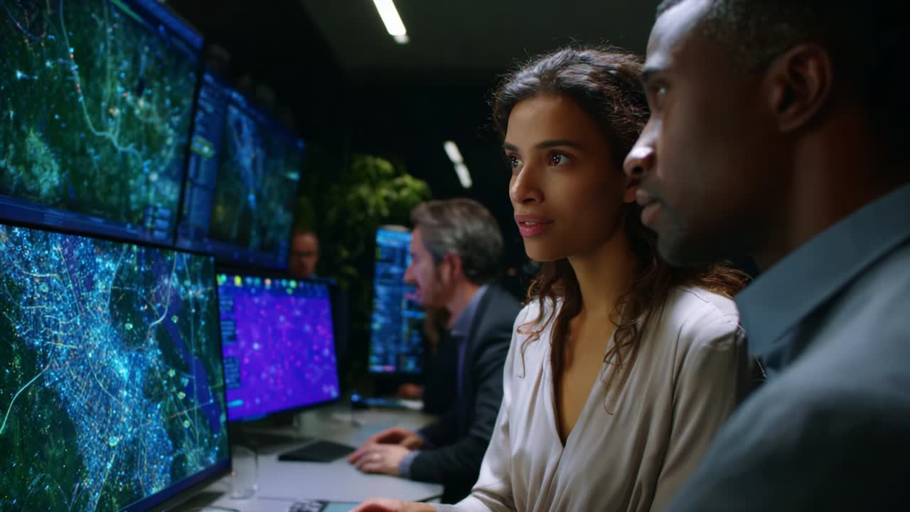 A team of analysts engaged in a high-tech control room, studying data displays on multiple monitors, showcasing their focus and collaboration in a modern analytical environment