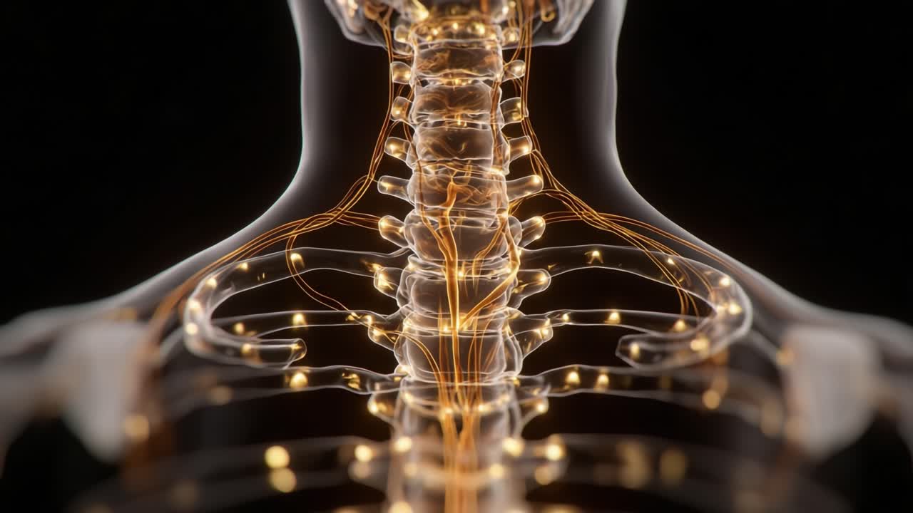 Explorando as Intricadas Vias Neurais da Coluna Vertebral Humana: uma Visualização Detalhada do Sistema Nervoso e Suas Conexões.