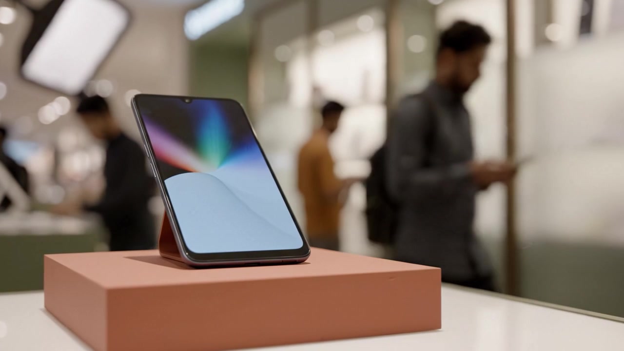 Ein modernes Smartphone elegant auf einem Ausstellungsständer präsentiert, dessen lebendiger Bildschirm in einem stilvollen Einzelhandelsumfeld die Aufmerksamkeit der Kunden auf sich zieht