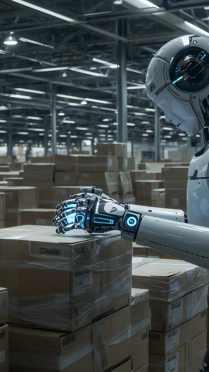 Vertical video: Sensor alerting robot reaching, scanning box for sorting at warehouse, copy space
