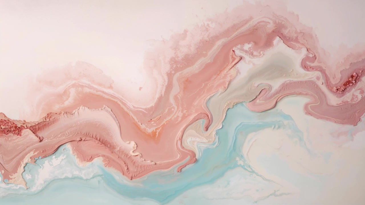 Pigmenti rosa-cipria e acquamarina che si spostano su una superficie rettangolare mossi da un flusso di fluido, formando delle celle