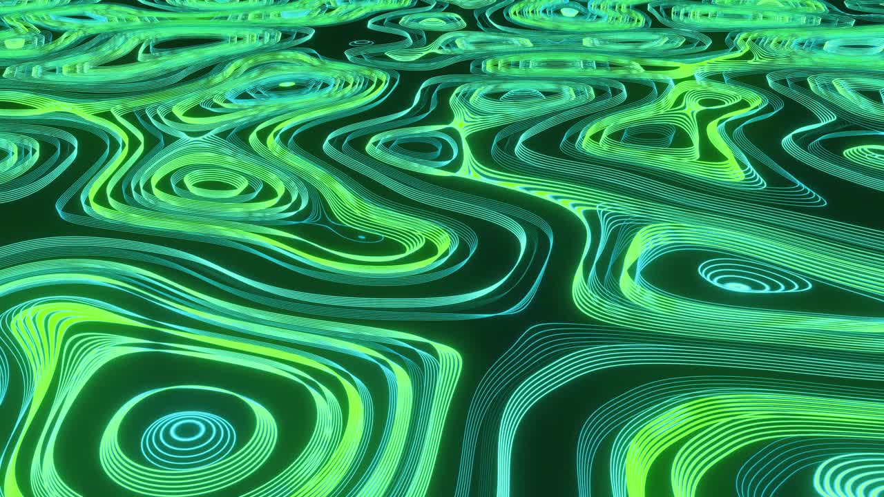 Animation of blue and green liquid lines moving on seamless lines on black background