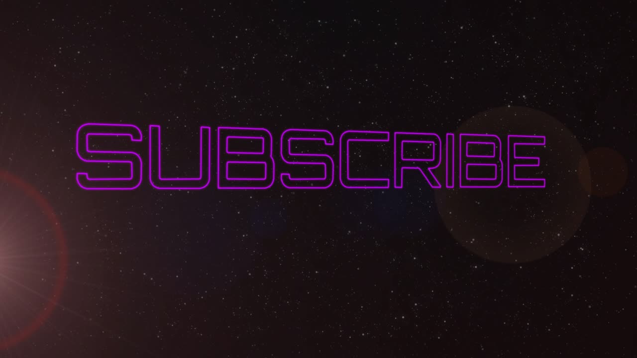 Cyan beams appearing from top and sweeping down, revealing neon SUBSCRIBE outline, forming CTA