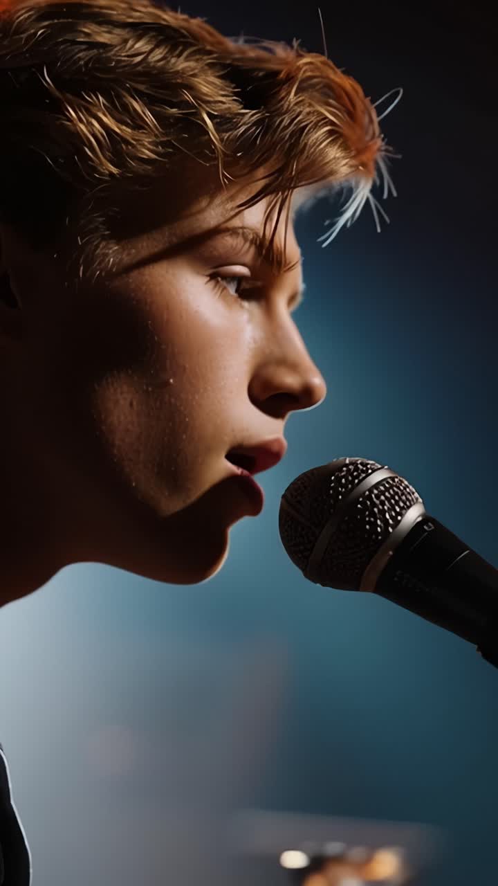 Un giovane artista che affascina il pubblico con emozione e passione mentre canta in un microfono sotto una vivace illuminazione scenica.