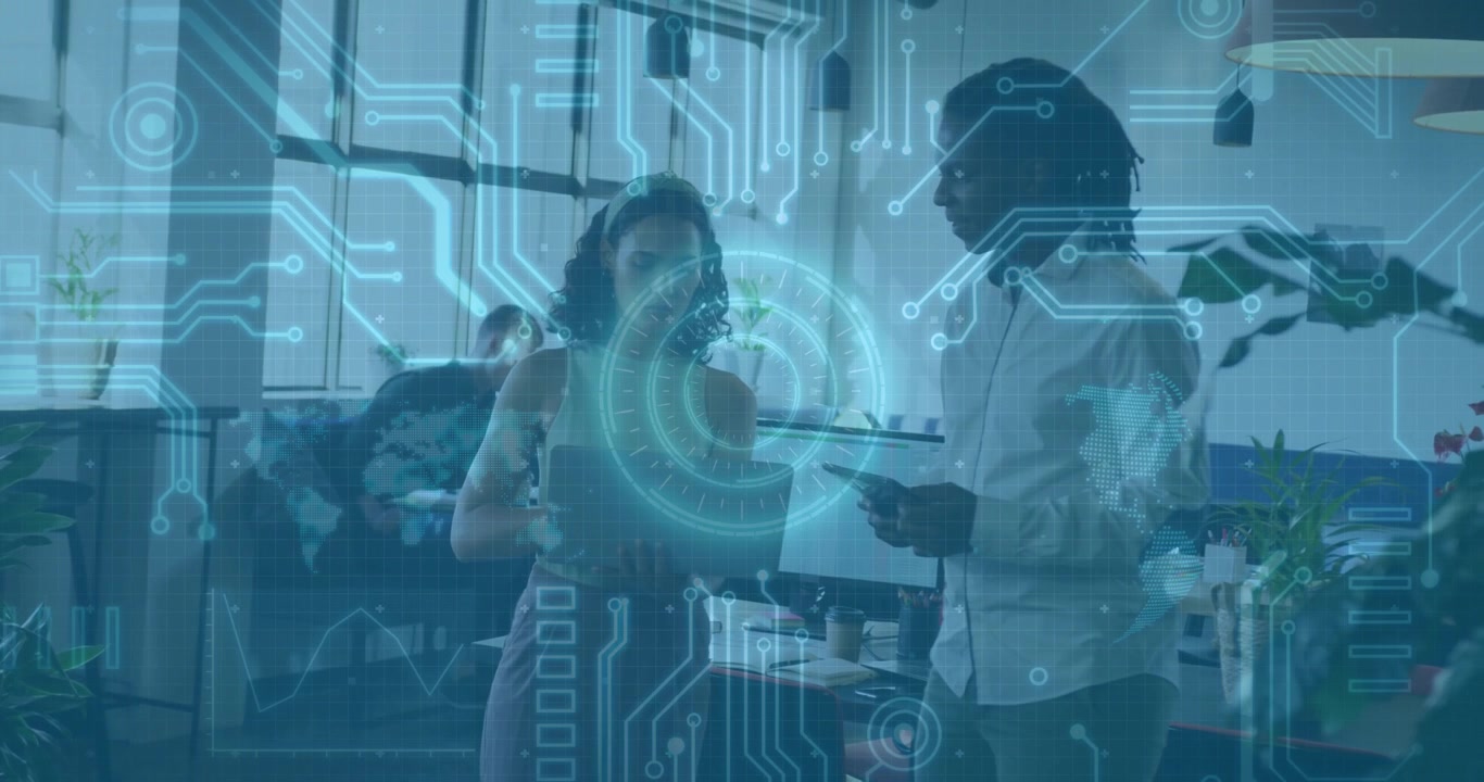 tech team holding laptops and smartphones collaborating in office, with floating data circuits